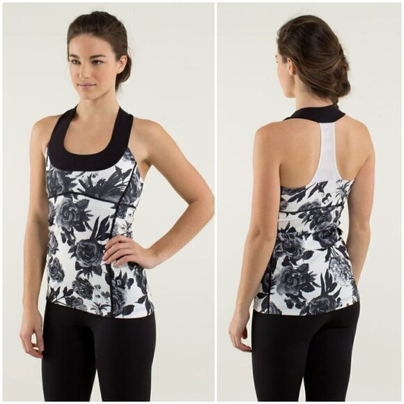 Lululemon Luon Scoop Neck Racerback Tank Black & White Floral - Picture 1 of 9